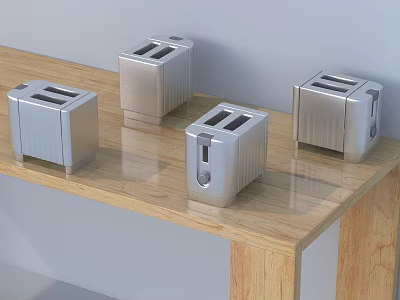 Four Silver Toasters As Stylish Modern Kitchen Appliances On Wooden Table 3d model