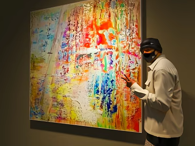 Vibrant Abstract Large Oil Painting With Dripping Paint And Artist Pointing On Gallery Wall 3d model