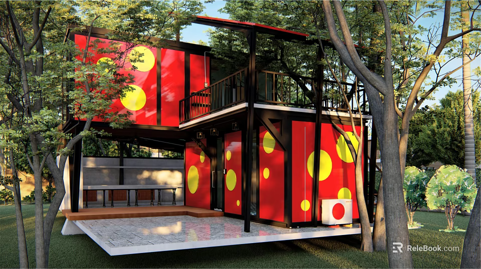 Two Story Container Building With Red Containers Yellow Circles And Outdoor Deck Surrounded By Trees 3d model 