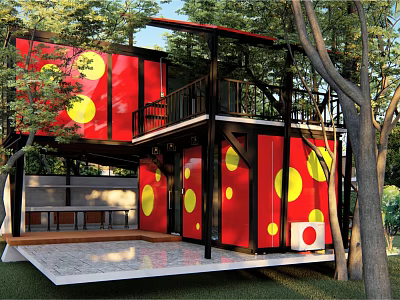 Two Story Container Building With Red Containers Yellow Circles And Outdoor Deck Surrounded By Trees 3d model
