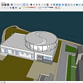 Modern White Building With Circular Roof Near Waterfront And Lush Green Garden