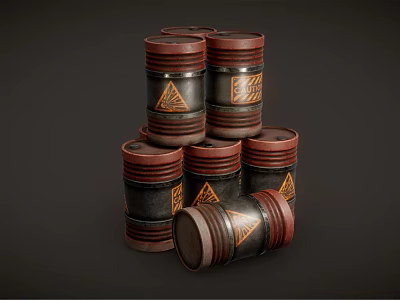 Vintage Stacked Barrels Featuring Red Rims Golden Patterns One Fallen 3d model