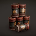 Vintage Stacked Barrels Featuring Red Rims Golden Patterns One Fallen 3d model