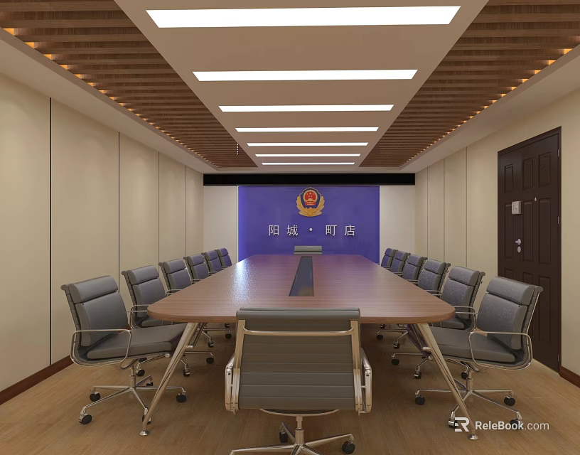 Spacious Conference Room With Long Wooden Table Gray Chairs And Linear Ceiling Lights 3d model 