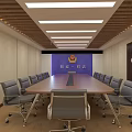 Spacious Conference Room With Long Wooden Table Gray Chairs And Linear Ceiling Lights