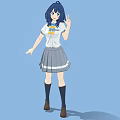Woman with Blue Hair and Blue Eyes Making Peace Sign Wearing White Shirt Gray Skirt