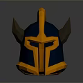 3D Model Warrior Helmet Featuring Orange Blue Horned Design And Yellow Accent
