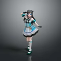 Woman In Blue White Black Maid Outfit With Long Hair And Hair Accessory Posing