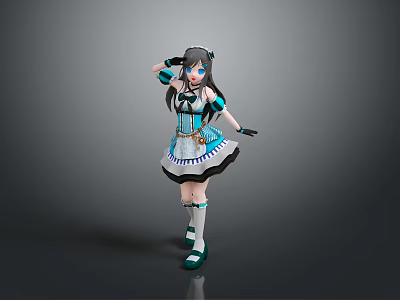 Woman In Blue White Black Maid Outfit With Long Hair And Hair Accessory Posing 3d model