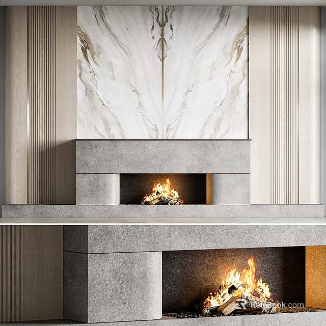 Contemporary Marble Fireplace Design With Burning Flames And Sleek Modern Surround 3d model 