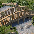 Wooden Arched Garden Bridge Surrounded By Rocks Green Plants And Small Pond