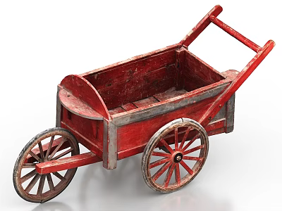 Vintage Red Wooden Hand Cart With Two Wheels And Rustic Design 3d model