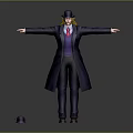 Human Character In Dark Blue Coat Purple Vest Red Tie Arms Outstretched With Small Hat Nearby
