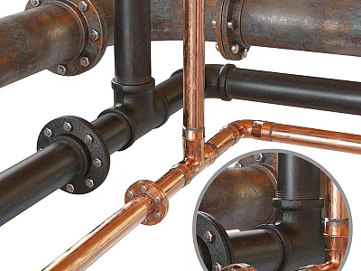 Copper And Black Industrial Pipes With Flange Joints Detailed Mechanical Structure View 3d model