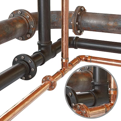 Copper And Black Industrial Pipes With Flange Joints Detailed Mechanical Structure View 3d model