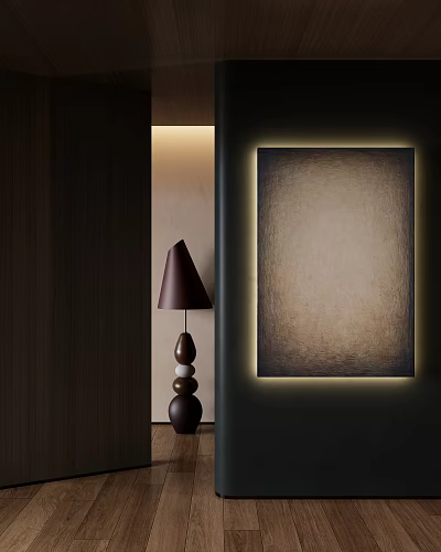 Abstract Painting With Illuminated Frame Beige Brown Tones Next To Brown Table Lamp Dark Background 3d model