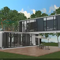Modern Guesthouse Building With Glass Curtain Walls Wooden Deck And Green Tree Surroundings