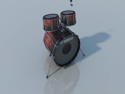 Yamaha Wooden Drum Set With Three Drums And Silver Stands On Reflective Floor 3d model