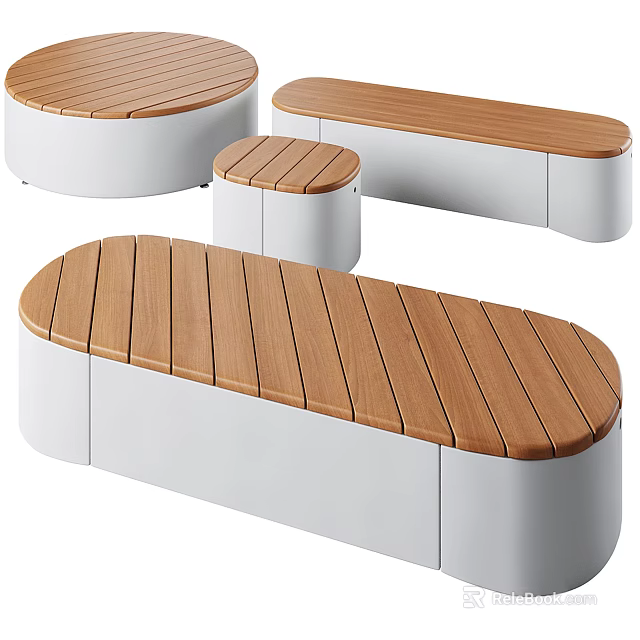 Modern Outdoor Chairs With Wooden Seats And White Bases In Various Shapes 3d model 