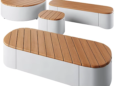 Modern Outdoor Chairs With Wooden Seats And White Bases In Various Shapes 3d model
