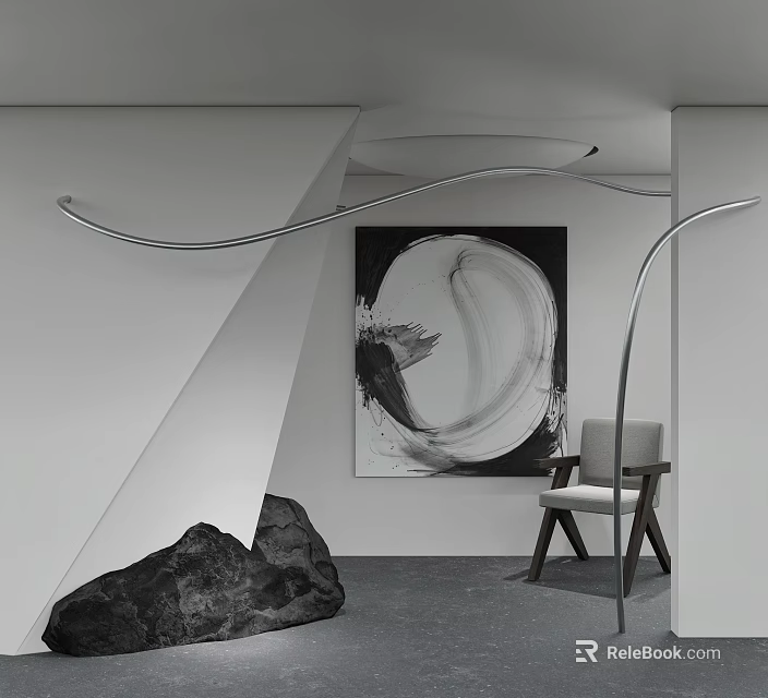 Modern Abstract Painting On White Wall With Curved Metal Decor Wooden Chair And Black Rock 3d model 