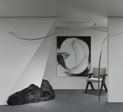 Modern Abstract Painting On White Wall With Curved Metal Decor Wooden Chair And Black Rock 3d model