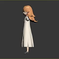 Woman with orange hair in white long dress stands with arms outstretched against gray background