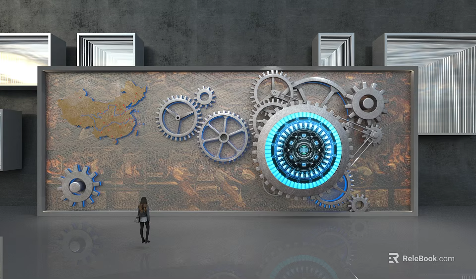 Building Exterior Wall With Gear Decorations Blue Glowing Gear And Map Pattern Design 3d model 