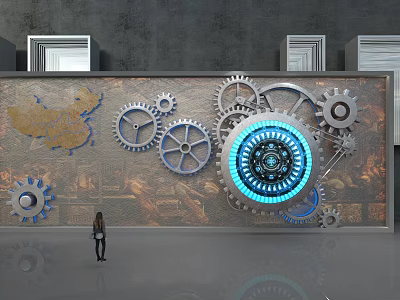 Building Exterior Wall With Gear Decorations Blue Glowing Gear And Map Pattern Design 3d model