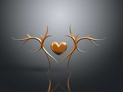 Golden Heart Decorative Art With Symmetrical Vine Branches And Reflection 3d model
