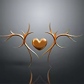 Golden Heart Decorative Art With Symmetrical Vine Branches And Reflection