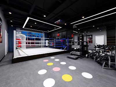 Modern Gym Interior With Boxing Ring Fitness Equipment And Colorful Floor Dots 3d model
