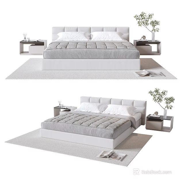 Modern Double Bed With Plush Bedding And Bedside Nightstands On Soft Rug 3d model