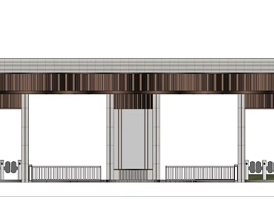Modern Entrance Gate Design With Wooden Grille Stone Columns And Decorative Railings 3d model