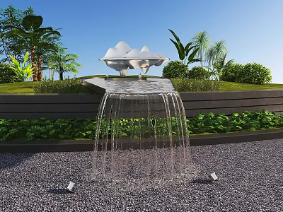 Garden Landscape With Waterfall Green Plants Palm Trees Lawn And Blue Sky 3d model