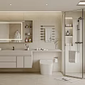 Modern Bathroom Interior Design With Wall-Mounted Vanity Glass Shower Enclosure Toilet And Shelves