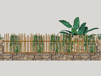 Building Exterior Wall With Bamboo Fence Stone Base And Green Plants 3d model