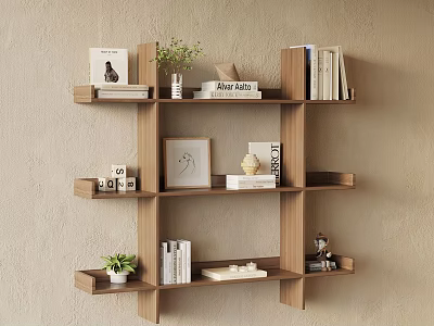 Wooden Open Bookshelf Design With Books Decorative Items Potted Plant And Photo Frame 3d model