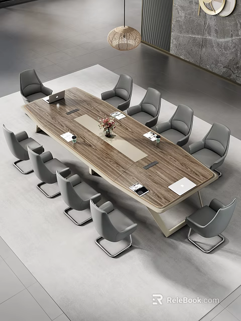 Modern Wooden Conference Table With Gray Chairs Laptop Documents And Flower Vase 3d model 