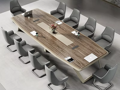 Modern Wooden Conference Table With Gray Chairs Laptop Documents And Flower Vase 3d model