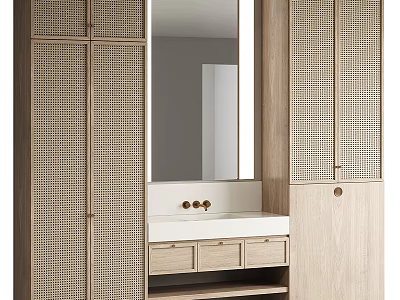 Elegant Modern Bathroom Cabinet With Wooden Frame Mirror Above Countertop And Drawers 3d model