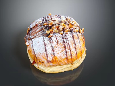 Delicious Round Donut With Chocolate Drizzle Powdered Sugar And Chopped Nuts 3d model