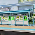 Modern Bus Stop With Blue Roof Advertising Screens And McDonald's Nearby Green Plants Trash Can