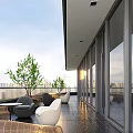 Modern Outdoor Balcony With Glass Windows City Skyline View Rattan Seating And Green Plants