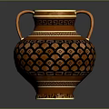 Ancient Greek Vase With Double Handles Orange Black Geometric Patterns And Gold Trim