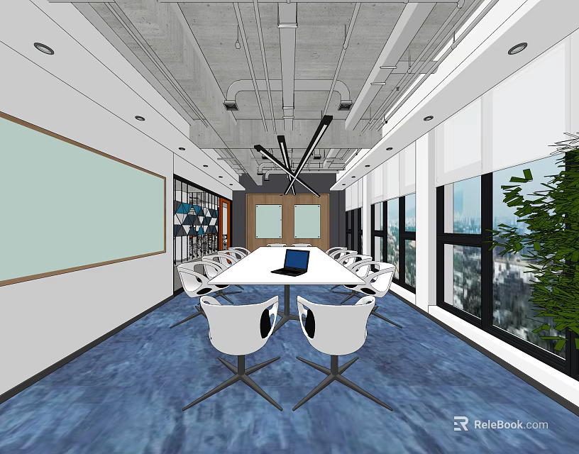 Modern Conference Room With Long Meeting Table White Chairs Blue Carpet And Large Windows 3d model 