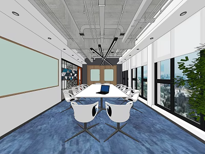 Modern Conference Room With Long Meeting Table White Chairs Blue Carpet And Large Windows 3d model