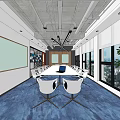 Modern Conference Room With Long Meeting Table White Chairs Blue Carpet And Large Windows