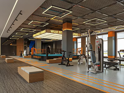 Modern Gym Interior Equipped With Fitness Equipment And Boxing Ring 3d model