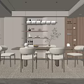 Modern Dining Room Interior With Wooden Dining Table Beige Chairs Pendant Lights And Open Shelves